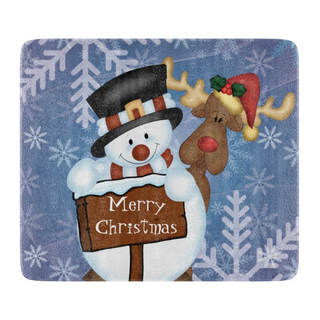 Snowman and Reindeer Merry Christmas Cutting Board (Front)