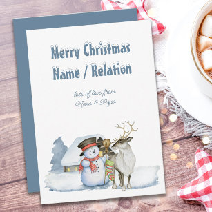 Snowman and Reindeer Snowy Text Personalised Holiday Card