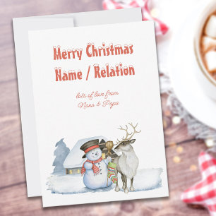 Snowman and Reindeer Snowy Typography Personalised Holiday Card