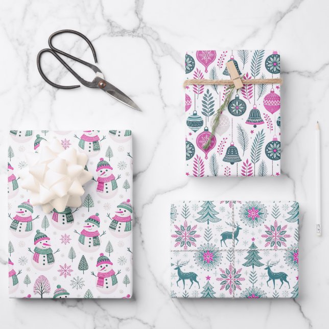 Snowman and Reindeers Patterns in Pink and Green Wrapping Paper Sheet (Front)