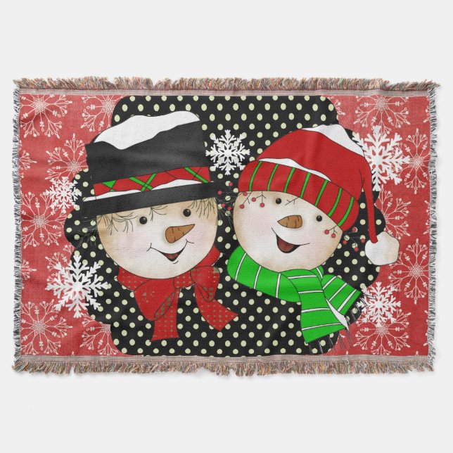 Snowman and Snow Lady Snowflakes Holiday Throw (Front)