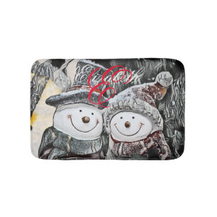 Snowman and Snow woman drawing Bath Mat