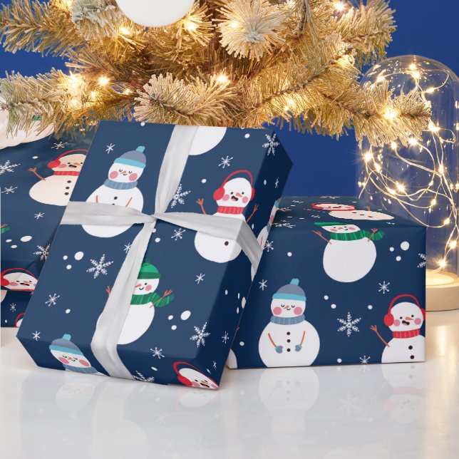 Snowman and Snowflakes Blue Pattern Wrapping Paper (Holidays)