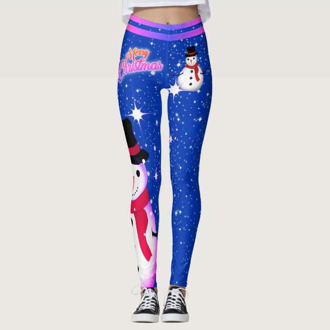 Snowman and Snowflakes on YOUR COLOR Christmas Leggings (Front)