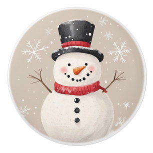 Snowman and Snowflakes Rustic Christmas Ceramic Knob