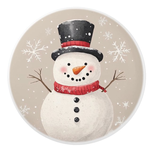 Snowman and Snowflakes Rustic Christmas Ceramic Knob (Front)