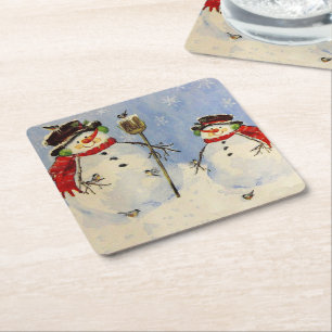 Snowman and Son Square Paper Coaster
