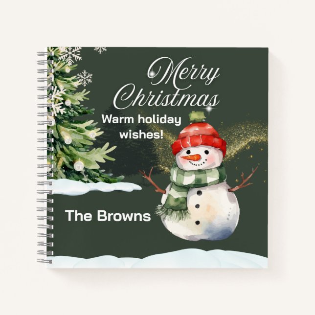 Snowman and Sparkling Tree Christmas Scene Notebook (Front)