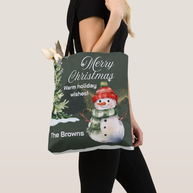 Snowman and Sparkling Tree Christmas Scene Tote Bag (Close Up)