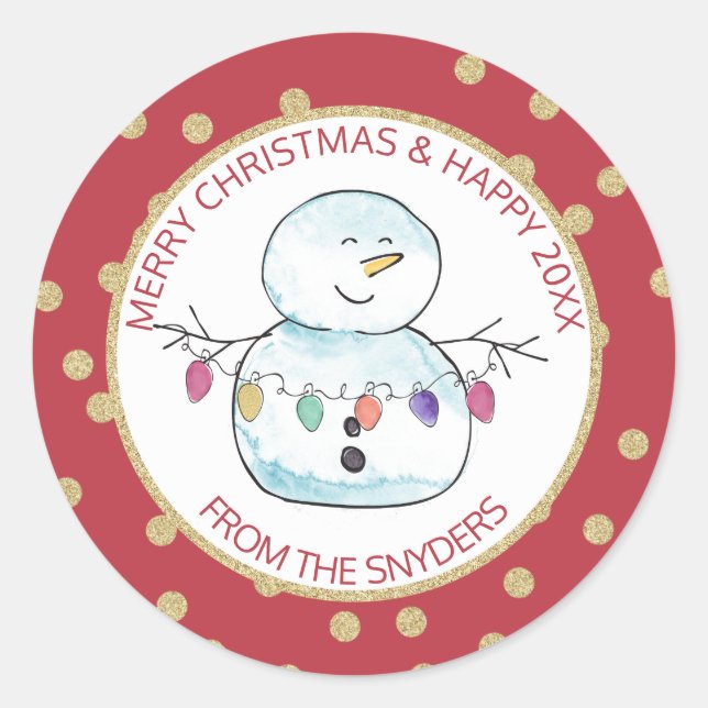 Snowman and String Lights Classic Round Sticker (Front)