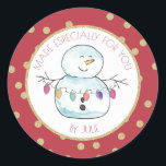 Snowman and String Lights Classic Round Sticker<br><div class="desc">Festive red and gold "made especially for you " sticker featuring my lighthearted watercolor snowman holding a string of colourful holiday lights.  Personalise text as preferred.</div>