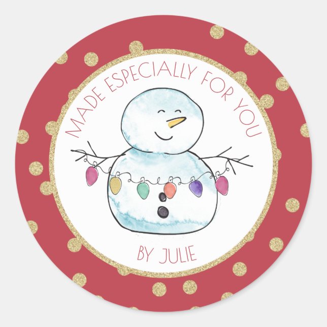 Snowman and String Lights Classic Round Sticker (Front)