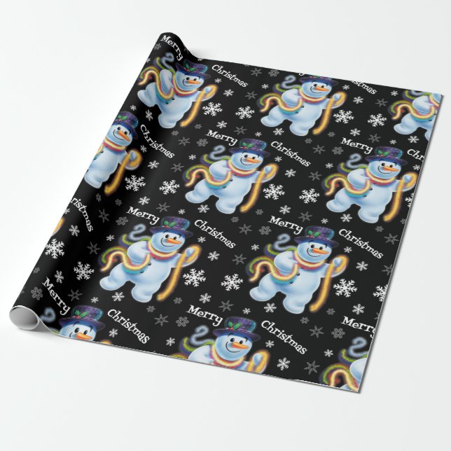 Snowman and tinsel Christmas wrapping paper (Unrolled)