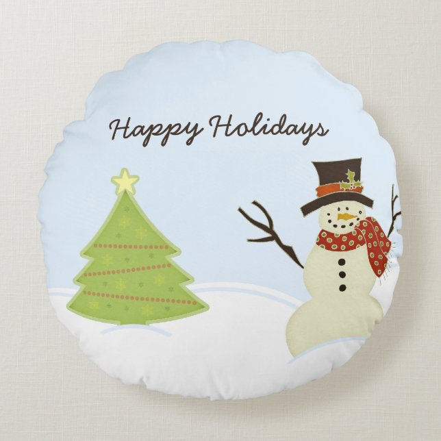 Snowman and Tree Round Cushion (Front)