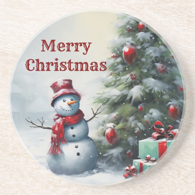 Snowman And Tree Sandstone Coaster (Front)