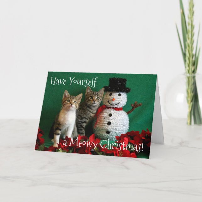 Snowman and Two Cute Kittens Card (Front)