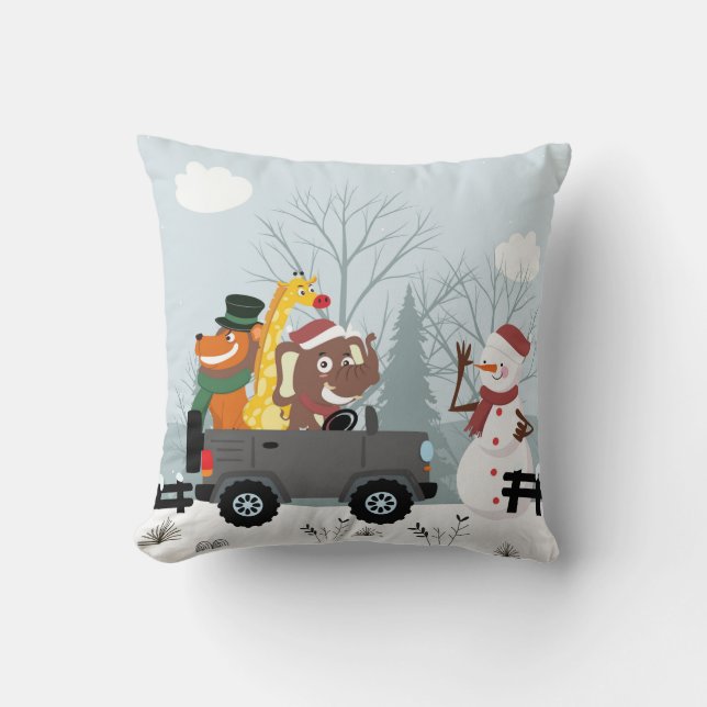 Snowman And Wild Animals Christmas Throw Pillow (Front)