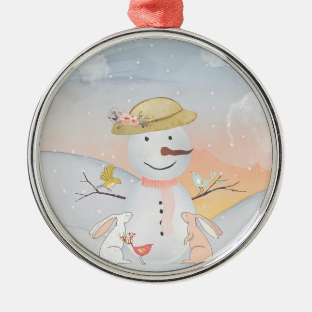 Snowman and Winter Woodland Friends Metal Tree Decoration (Front)
