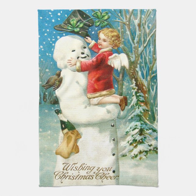Snowman Angel Cherub Four Leaf Clover Tea Towel (Vertical)