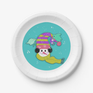 Snowman Aqua Winter Birds Paper Plate