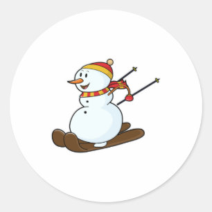 Snowman as Skier with Skis & Cap Classic Round Sticker