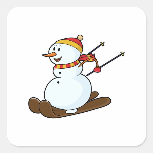 Snowman as Skier with Skis & Cap Square Sticker (Front)