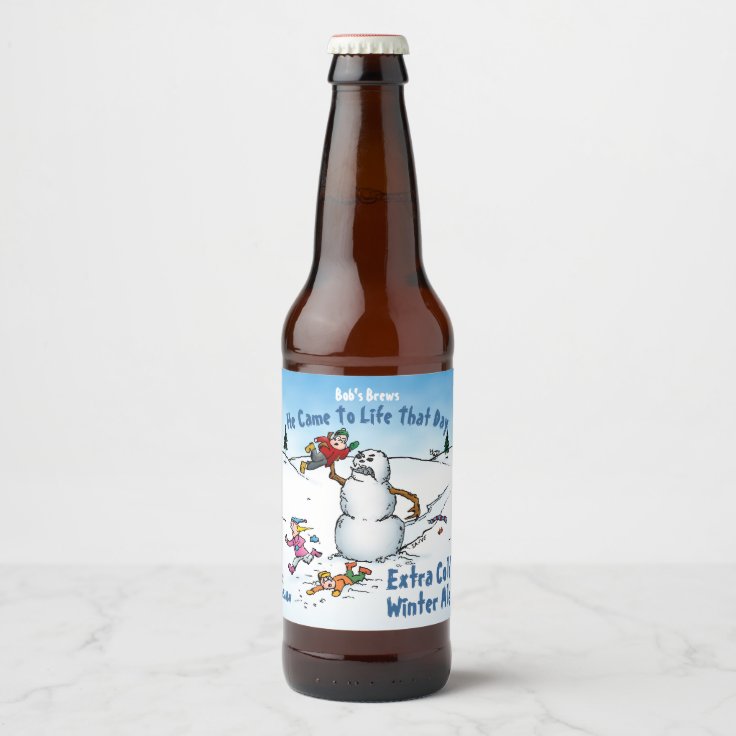 Snowman Attacks Funny Cartoon Beer Bottle Label | Zazzle
