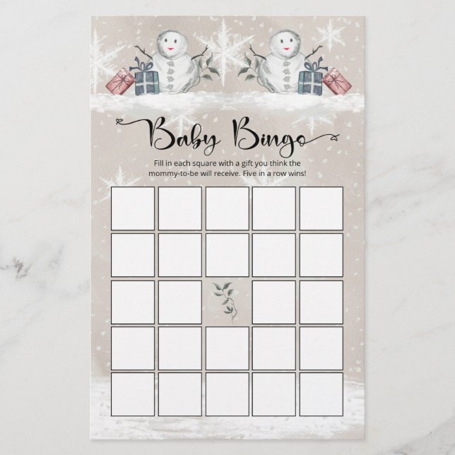 Snowman baby shower baby bingo game (Front)