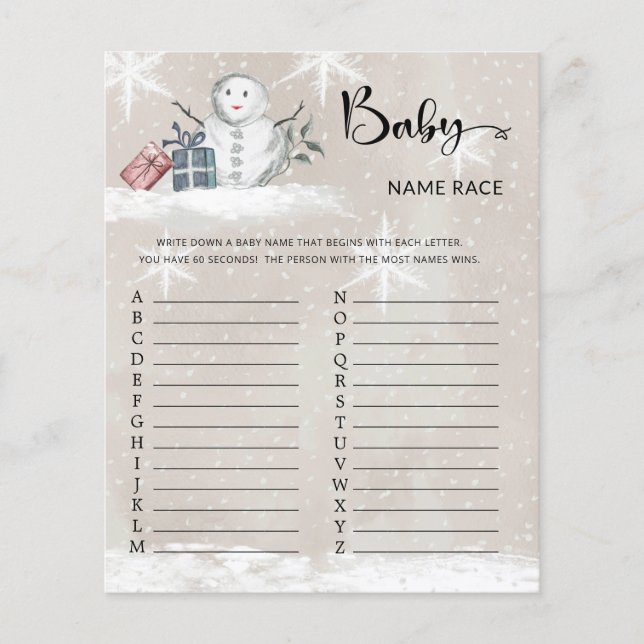 Snowman Baby Shower Baby Name Race Game (Front)