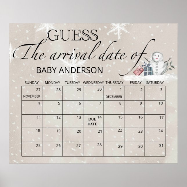 Snowman Baby Shower Guess Due Date Calendar Poster (Front)