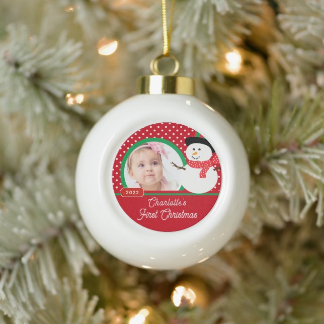 Snowman Baby's First Christmas Photo Ceramic Ball Christmas Ornament (Tree)