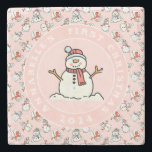 Snowman Baby's First Christmas Pink Name Stone Coaster<br><div class="desc">This cute pink baby's first christmas marble coaster features a snowman in the middle,  with a snowman pattern around the edge. A practical keepsake for your children to keep for years to come. To change the text click on the personalise button. This design contains A.I.</div>