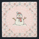 Snowman Baby's First Christmas Pink Name Stone Coaster<br><div class="desc">This cute pink baby's first christmas marble coaster features a snowman in the middle,  with a snowman pattern around the edge. A practical keepsake for your children to keep for years to come. To change the text click on the personalise button. This design contains A.I.</div>