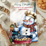 Snowman Baking Christmas Cookies Personalised Tea Towel<br><div class="desc">Add a touch of festive cheer to your kitchen with this personalised Christmas towel featuring an adorable snowman baking cookies. Wearing a chef's hat and scarf, this charming snowman brings holiday joy while stirring a bowl of cookie batter. Customise the towel with your name to make your Christmas baking extra...</div>