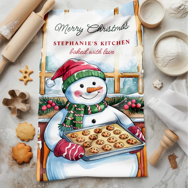 Snowman Baking Cookies Personalised Christmas Tea Towel (Creator Uploaded)