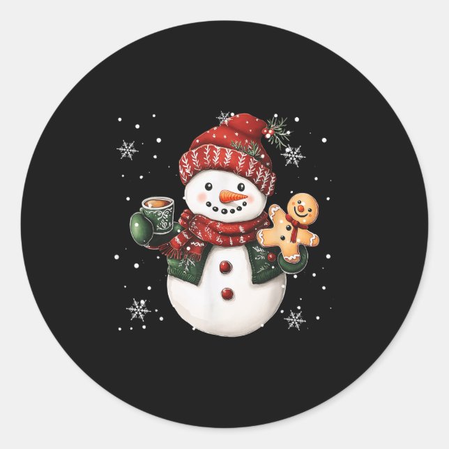 Snowman Beanie Coffee Latte Ginggerbread Merry Chr Classic Round Sticker (Front)