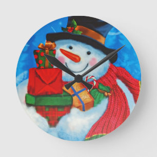 Snowman bearing Gifts Round Clock