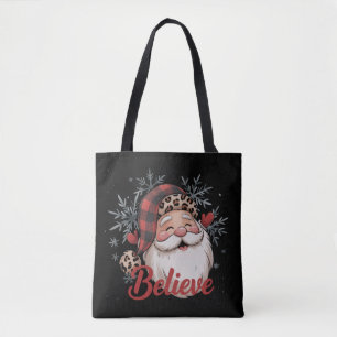 Snowman Believe Santa Red Plaid Hat Christmas  Tote Bag