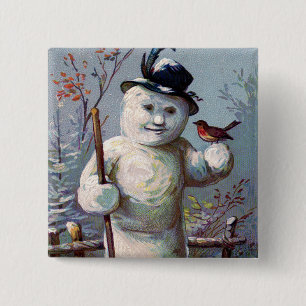 Snowman Bird Winter Snow Songbird 15 Cm Square Badge