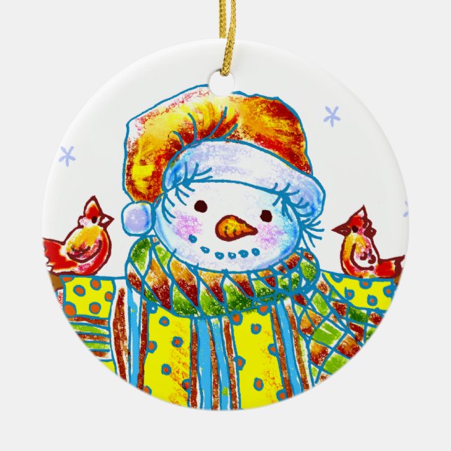 Snowman Birdman  Ceramic Tree Decoration (Front)