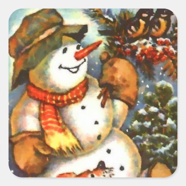 Snowman Birds and Puppy Square Sticker (Front)