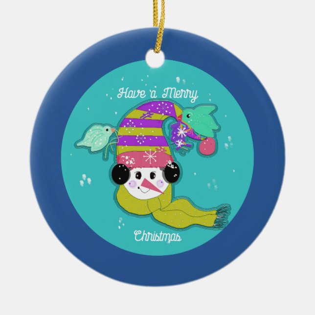 Snowman Birds Merry Christmas Ceramic Ornament (Front)