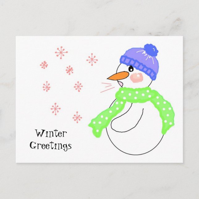 Snowman Blowing Snowflake Greetings Postcard (Front)