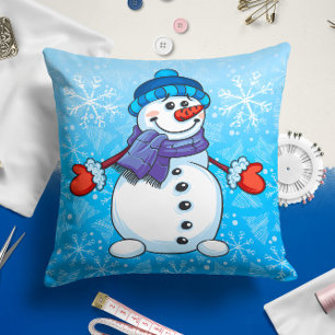 Snowman Blue Holiday Christmas Throw Pillow
