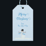Snowman Blue Merry Christmas Tie On Gift Tags<br><div class="desc">Light blue Christmas gift tags with snowman artwork design. Customise the greeting, or use the sample, "Merry Christmas", and add a signature in blue. All wording is easy to change or delete. A little snowman (my own graphic design) decorates the bottom of pale blue tags. Another snowman image is on...</div>