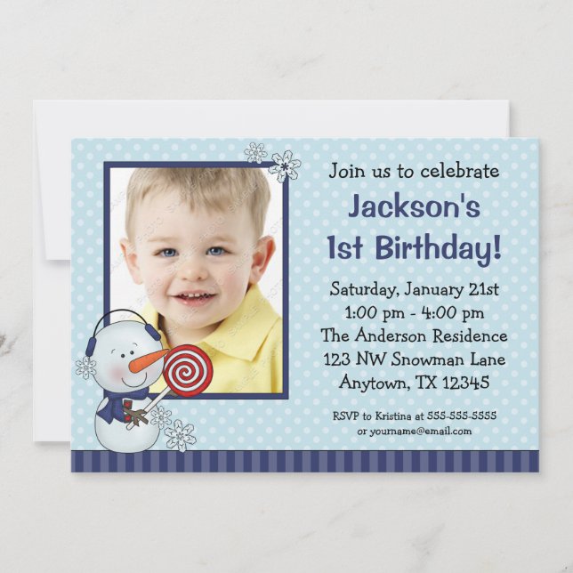 Snowman Blue Winter Photo Birthday Invitation (Front)