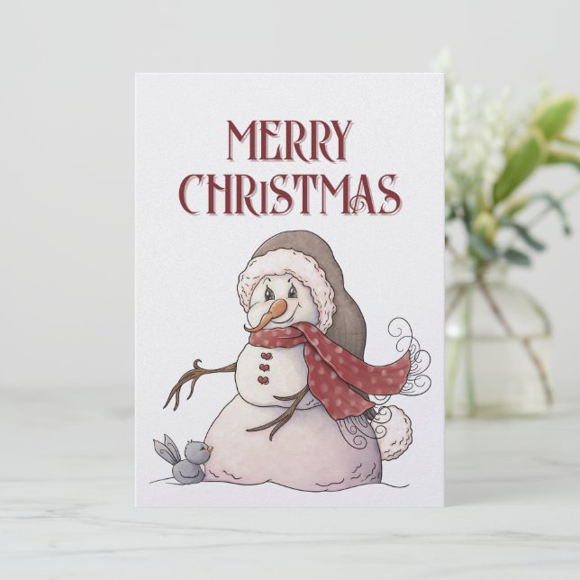 Snowman Bluebird Winter Christmas Holiday Card (Standing Front)