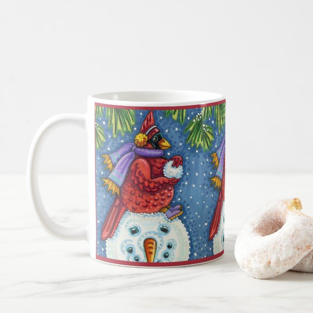 SNOWMAN BODYGUARD, CHRISTMAS CARDINAL REDBIRD COFFEE MUG (With Donut)