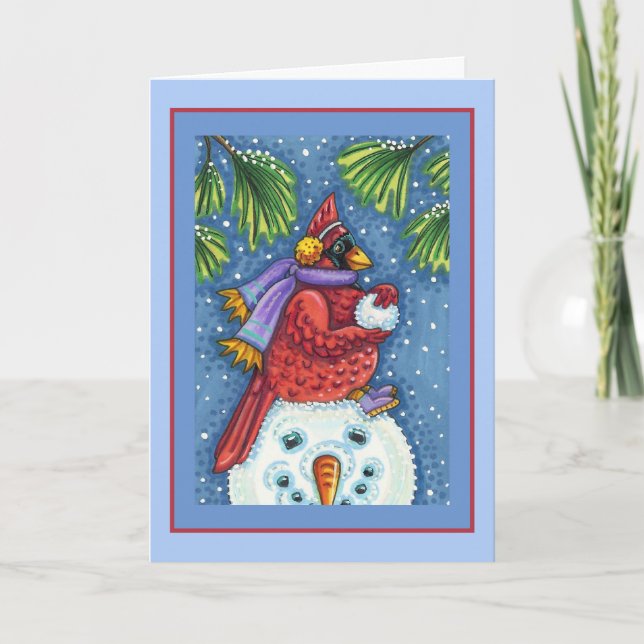 SNOWMAN BODYGUARD, CHRISTMAS CARDINAL REDBIRD HOLIDAY CARD (Front)