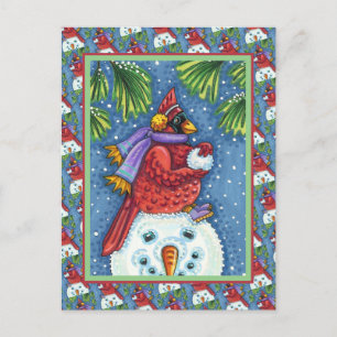 SNOWMAN BODYGUARD, CHRISTMAS CARDINAL REDBIRD HOLIDAY POSTCARD